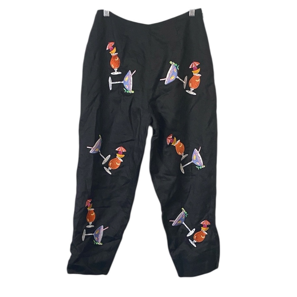 CJ Laing linen cropped pants colorful martini glass tropical drink embroidery 8